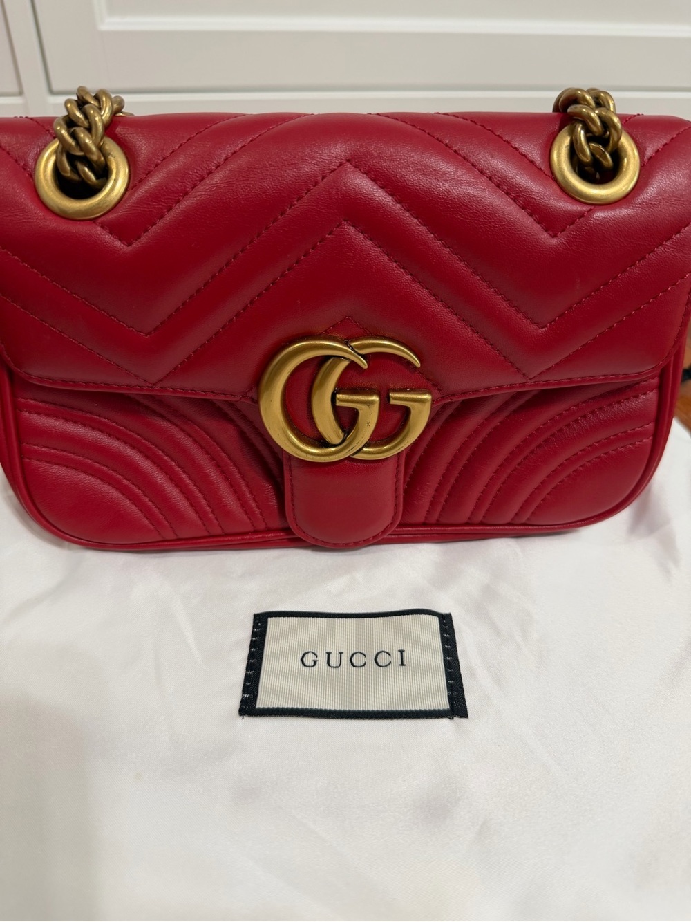 Gucci Red Chevron Quilted Shoulder Bag with Gold Double G